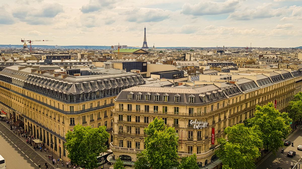 View over the Paris rooftops and the Eiffel Tower from the Galeries Lafayette terrace